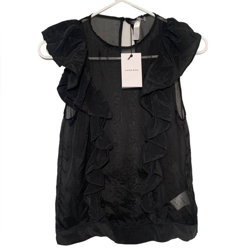 Anine Bing 100% Silk Black Sleeveless Ruffle Blouse Size S